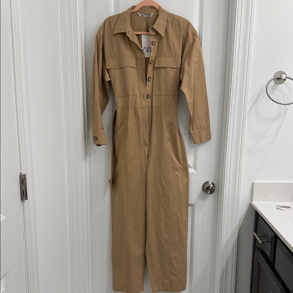 Zara Camel Button-Down Jumpsuit